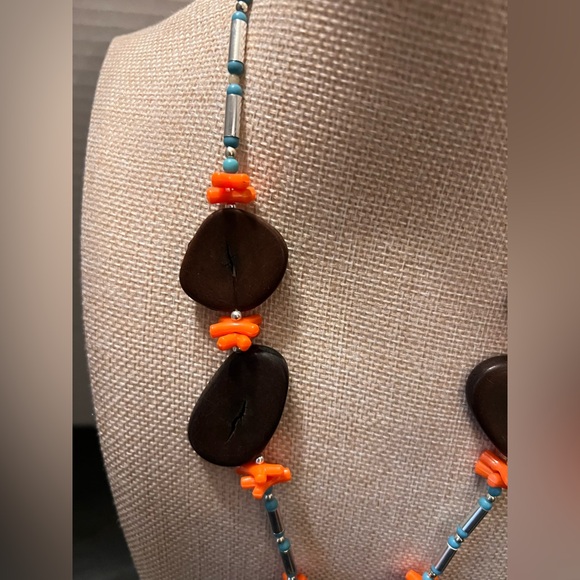 Vintage Brown Orange Shell Beaded Necklace mixed materials shell wooden chunky - Picture 2 of 6
